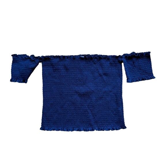 Almost Famous Blue Smocked Off Shoulder Crop Top Size L Boho 90's Y2K - Picture 1 of 5